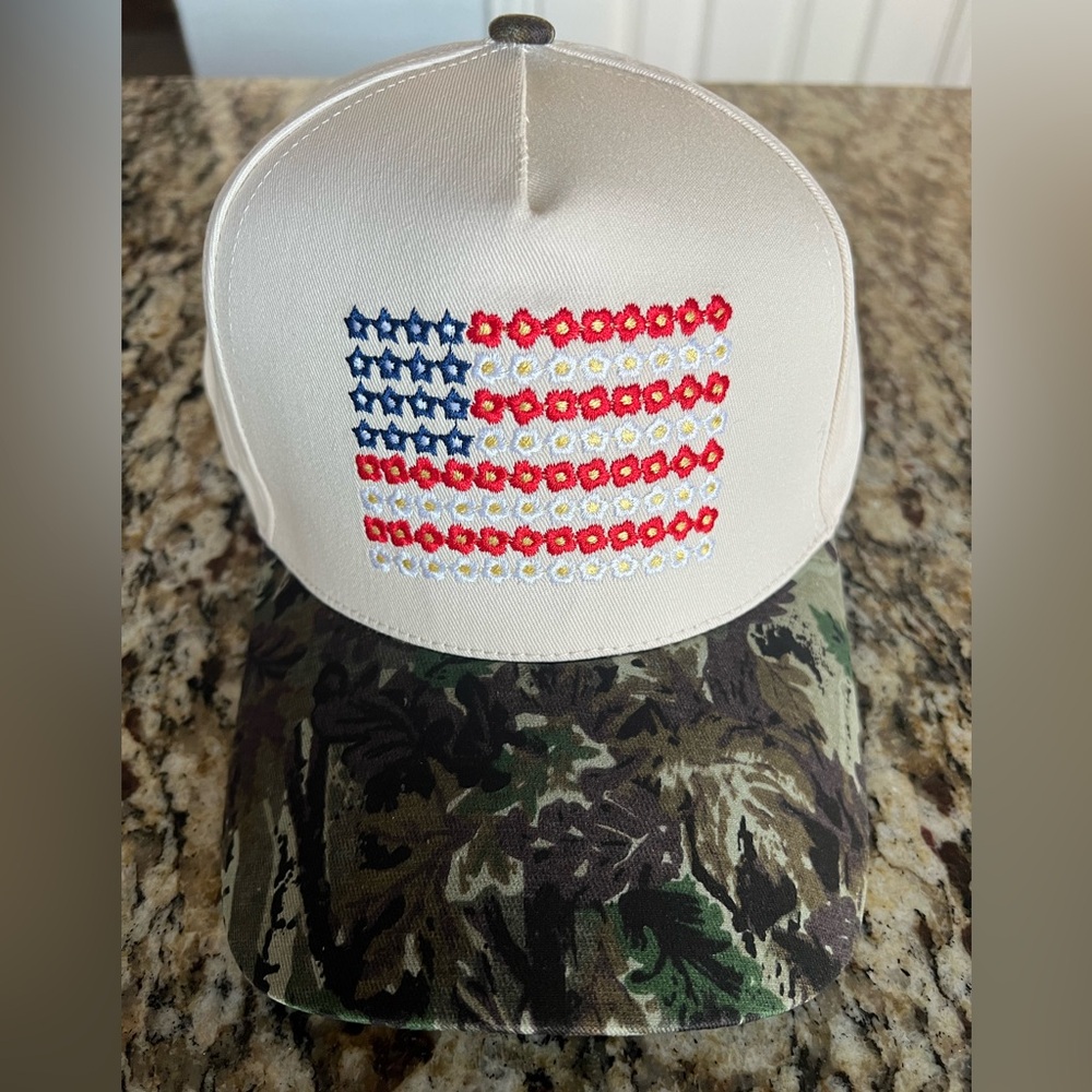 Cream & Camo Flag Embroidered Trucker Hat